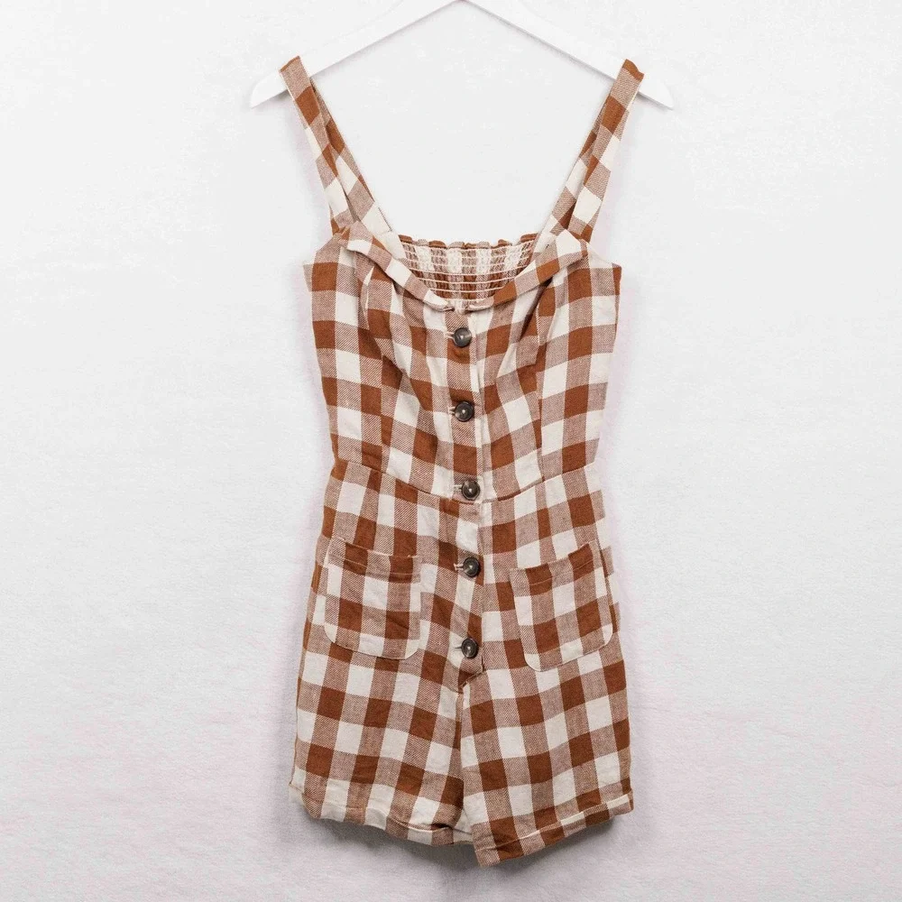 REFORMATION Havana Gingham Linen Button Front Romper Cottagecore Brown Sz 2